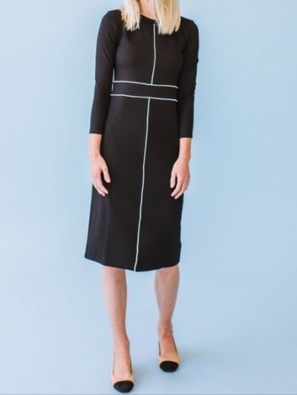 Sonnet James Coco A Play Dress Black Midi Pencil Dress with White Piping